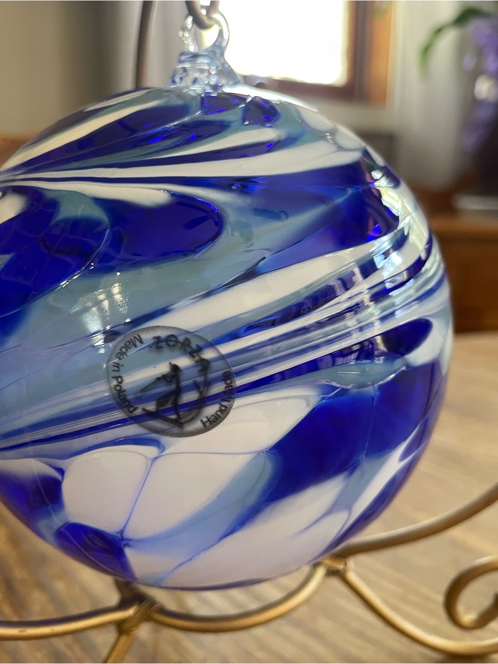 Hand-Blown Blue & White Swirl Glass Ornament - Handcrafted Home Art